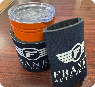 Koozies with our logo for merch | Frank's Auto Service and Repair, Inc.